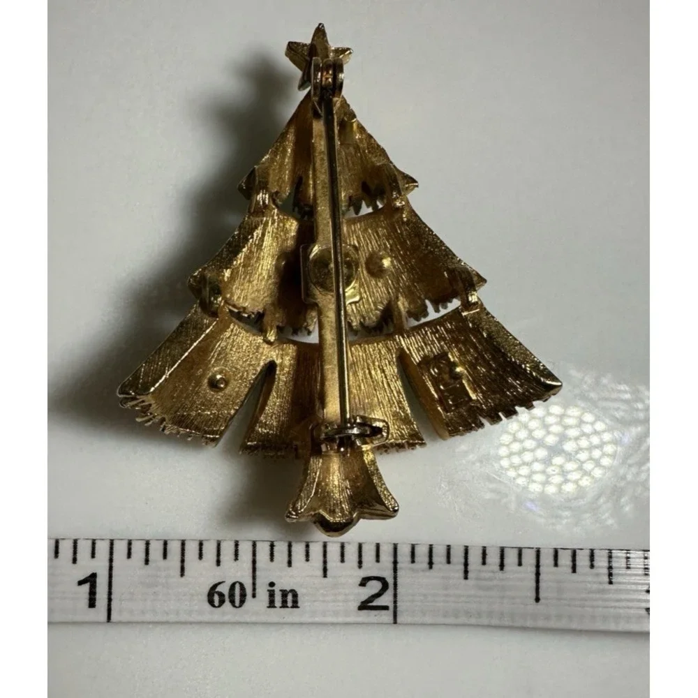 Vintage JJ Christmas Tree Brooch Green Enamel Rhinestone Book Piece Signed
